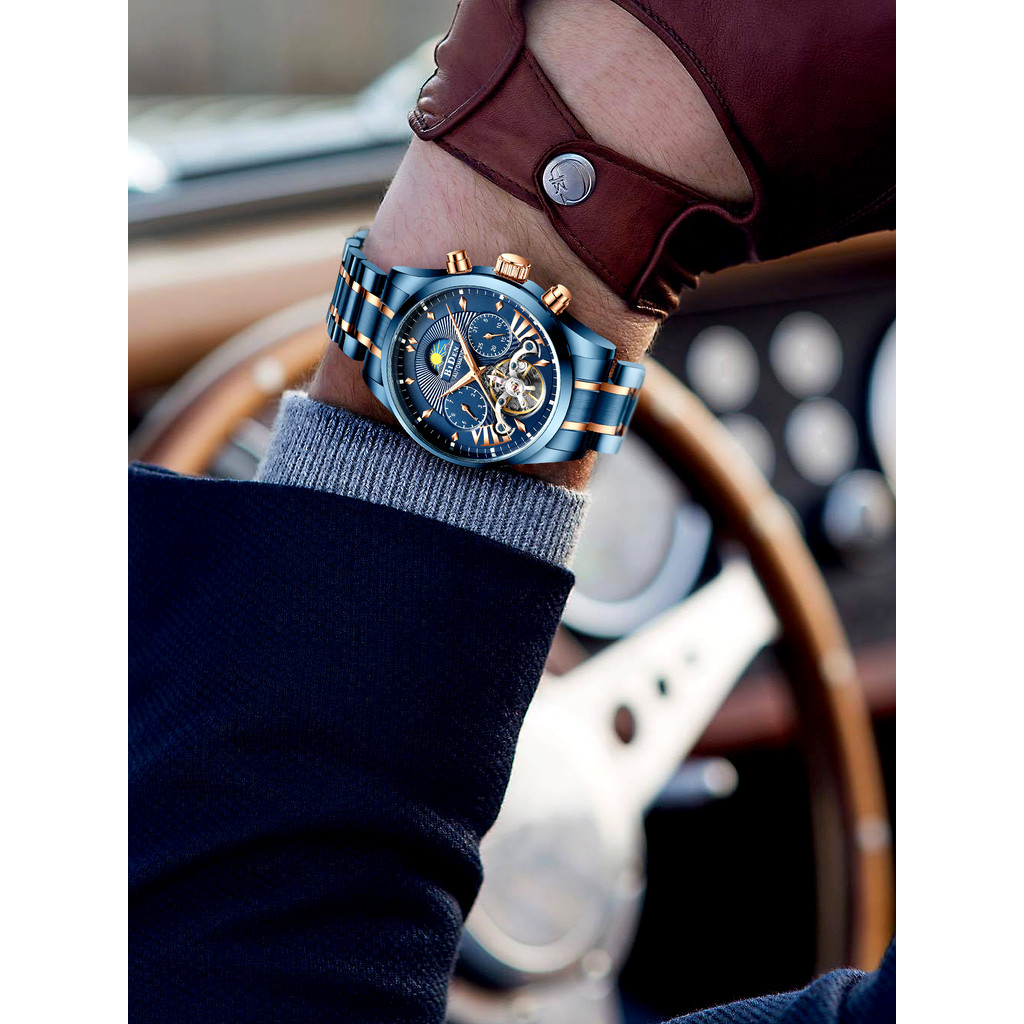 BIDEN mechanical automatic men's watch, high-quality steel strap watch, 30M waterproof, suitable for