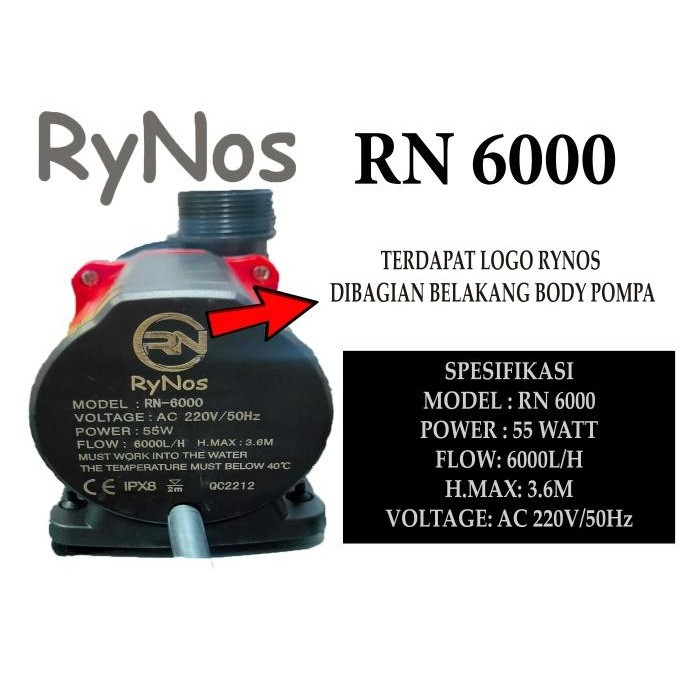 Diskon Rynos Rn 6000 L/H Pompa Celup Kolam Ikan Koi Aquarium Air Laut Tawar