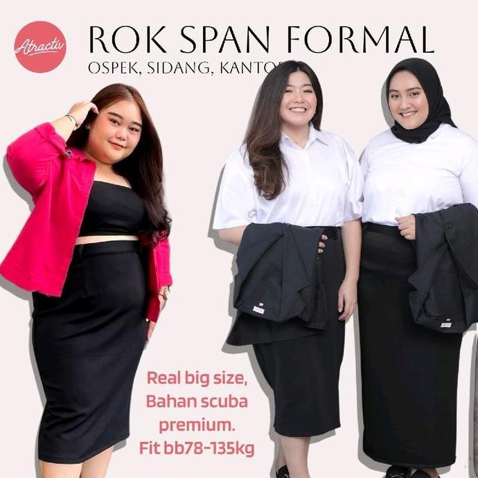 Atractiv Rok Span Hitam Big Size Stretch up to BB110kg+ Melar Nyaman Rok Panjang Scuba Karet Wanita 