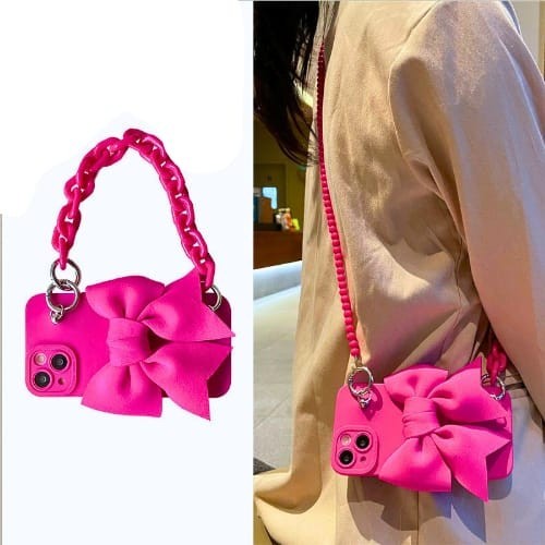 Hot Pink Ribbon Chain Sling Case iPhone 7 8 X Xs Xr 11 12 13 14 15 Plus Pro Max