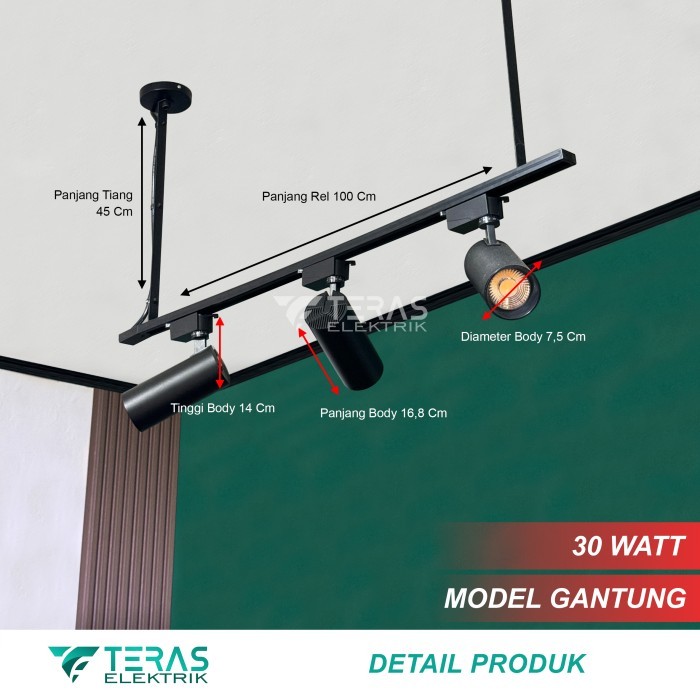 Paket lampu sorot rel 1 set isi 3 lampu sorot gantung rel 1 meter spotlight premium