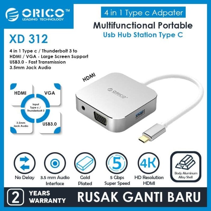 ORICO 4in1 Type-C Hub HDMI+USB3.0+VGA+Audio Jack- XD-312