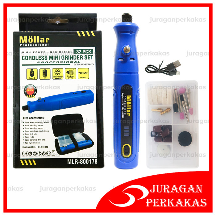 MOLLAR Cordless Mini Grinder Baterai 4V Set 32 pcs USB Charger Tuner