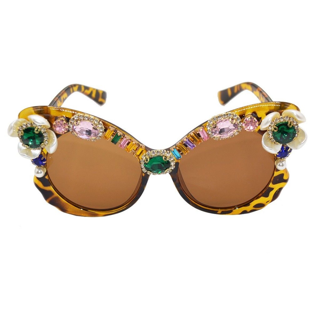 Vintage Leopard Print Large Frame Cat Eye Rhinestone Flower Brown Glasses