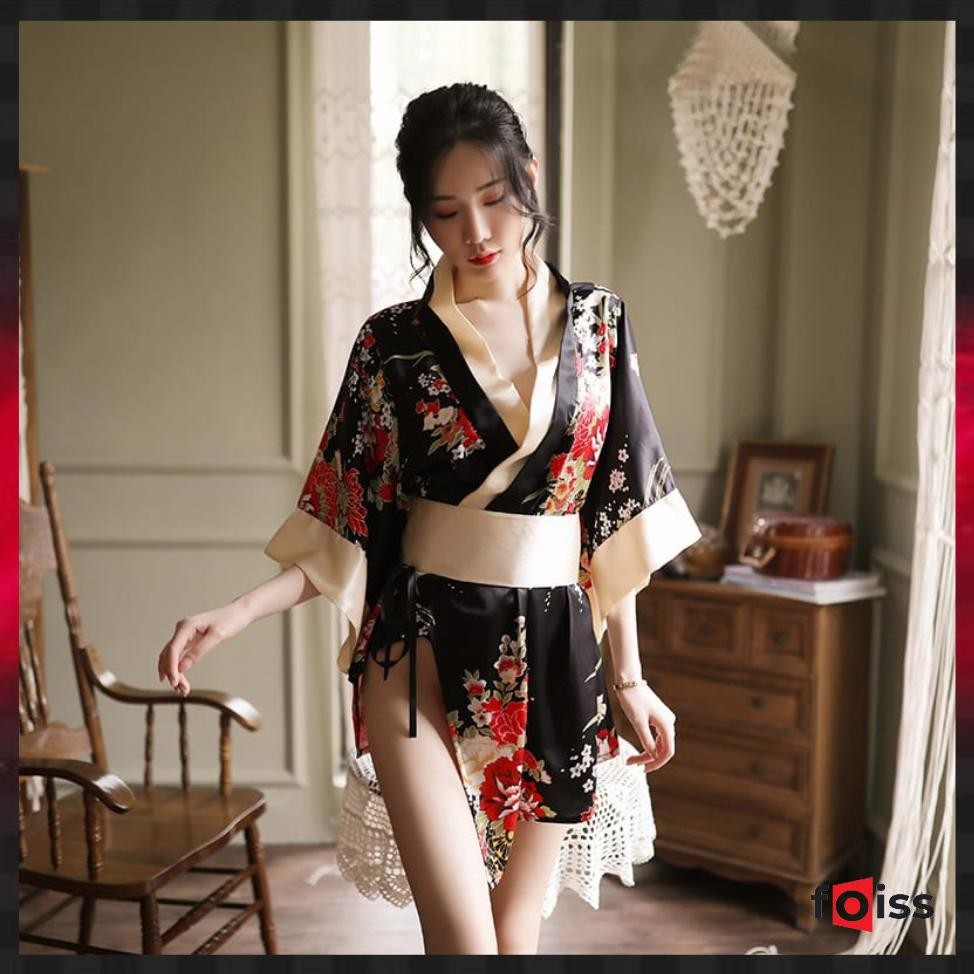 Foiss Kimono Jepang Cosplay Lingerie Bahan Satin Motif Bunga 3080