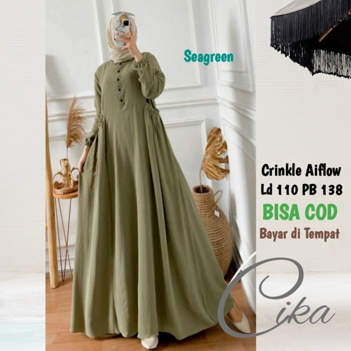 Gas Dress Wanita Muslim Kondangan Remaja Crinkle Polos - Sage Green