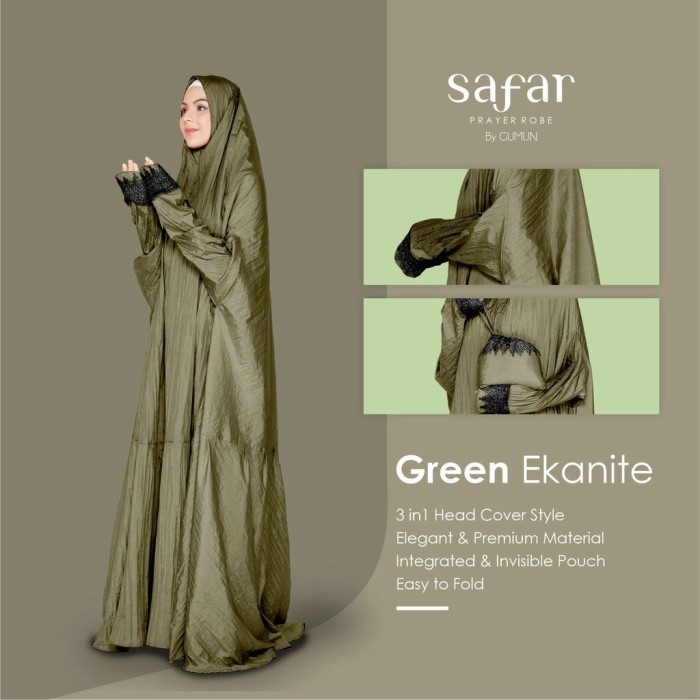 Ready Mukena Dewasa - Mukena Safar Green Ekanite By Gumun, Mukena Travel Best Quality