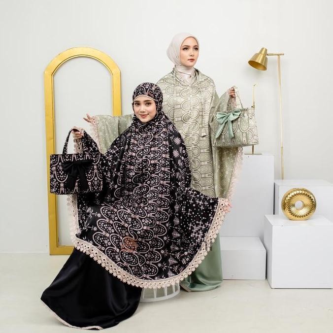 Diskon [Gratis Scrunchie] Mukena Dewasa Jumbo Premium Silk  Renda Mewah 2In1 Tas Mewah Laveenya Audr