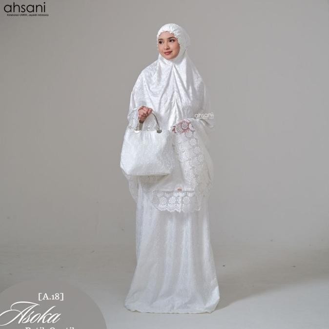 Spesial Mukena Dewasa Ahsani Asoka A18 Sutra Bordir Original Jumbo Putih