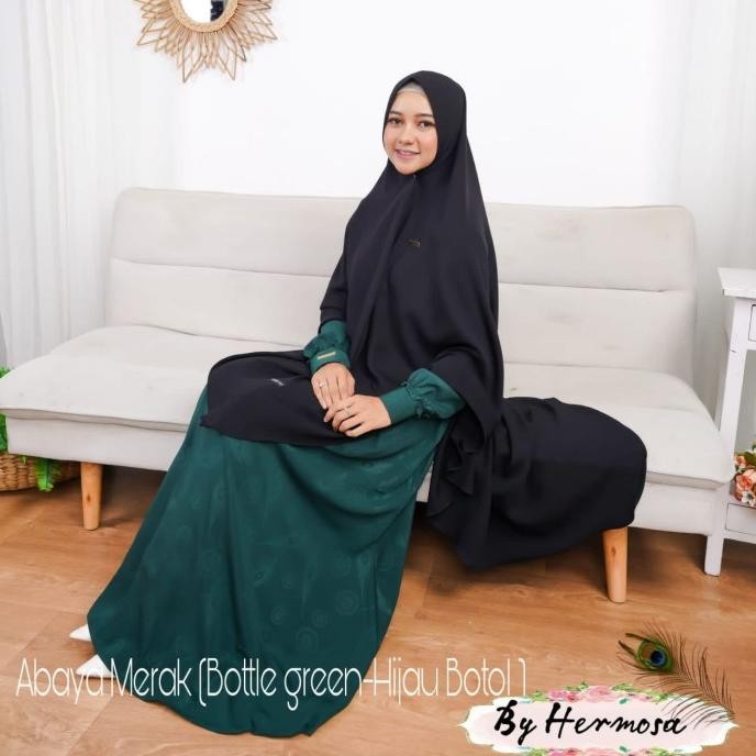 Super Murah, Gamis Syar'I Hermosa Motif Abaya Merak Warna Hijau Botol