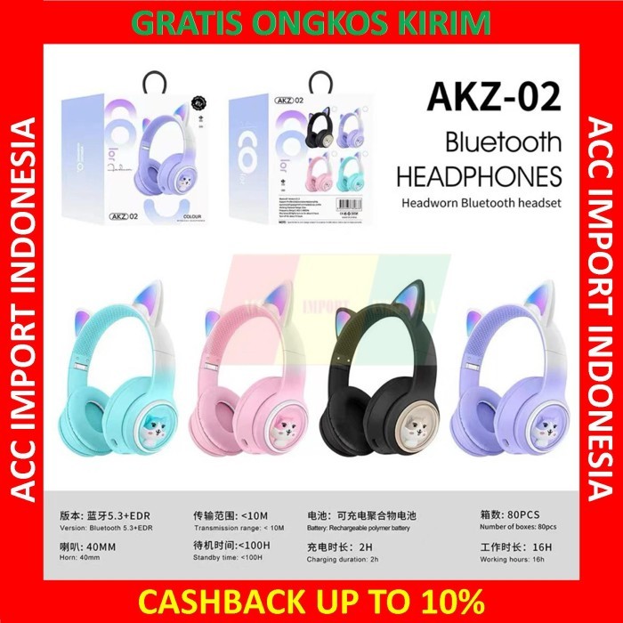 Headphone Bluetooth Cat Ear Headset Telinga Lucing LED Pink Lucu AKZ