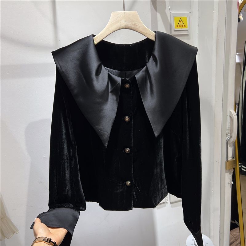 Kemeja Beludru Kerah Boneka Retro Tingkat Tinggi untuk Wanita