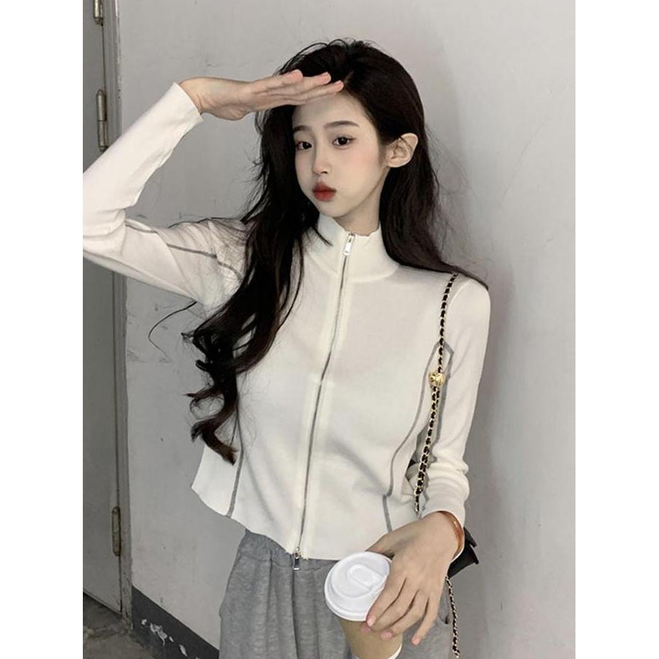 Promo Lemonit Jaket Vintage Zipper Knit Premium | Atasan Wanita Monochrome Resleting Jaket Rajut | H