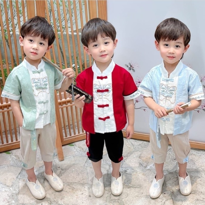 Setelan cheongsam anak laki-laki