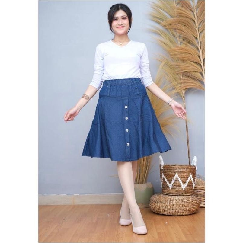 New Rok Jeans Kancing Wanita Model Payung Pendek Rok 3/4 A-Line