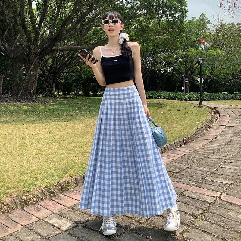 Rok Slimming Kotak Biru dan Putih untuk Wanita a Rok Panjang Berlipit