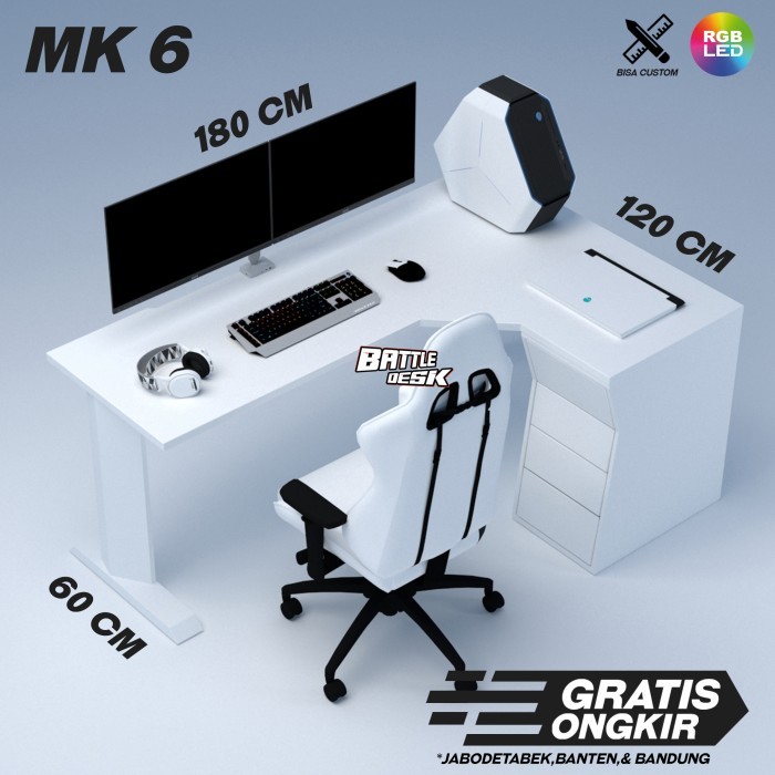 Meja Komputer Gaming PC Desk RGB Murah 180x60 - Battledesk MK 6 HITAM