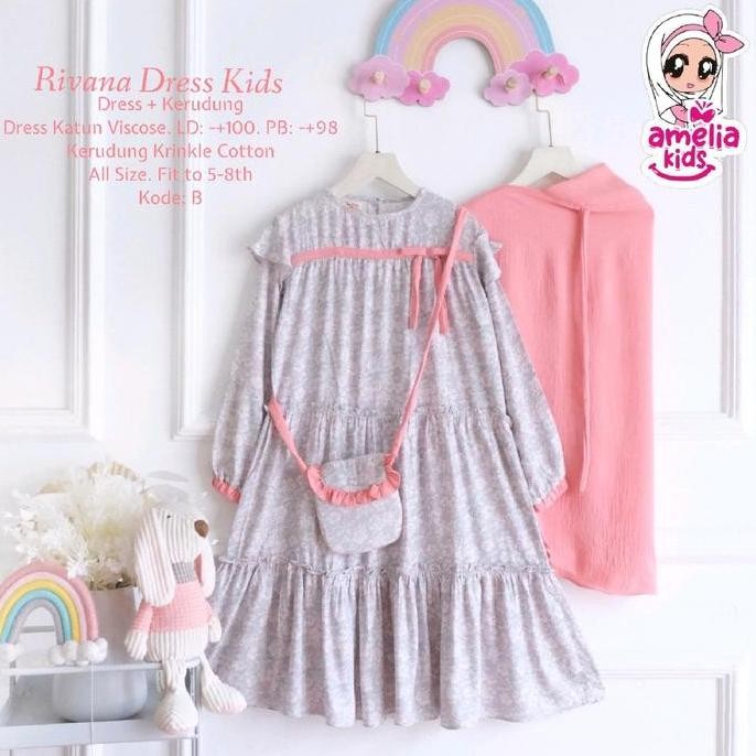 Rivana Amelia Kids Gamis Dress Hijab Anak Wanita Bahan Katun Rayon Viscose Ld 100 Pb 98 Usia 5-8 Tah