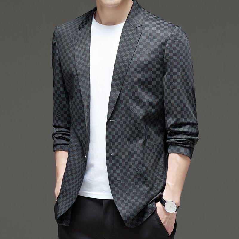 Jaket Jas Pria Berkualitas Tinggi Blazer Kasual Kotak Dua Kancing Trendy untuk Remaja