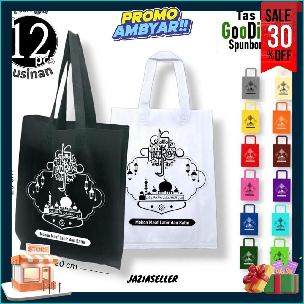 

1 Lusinan Isi 12 Pcs Tas Kain Spunbond Goodie Bag Tulisan Custom Sablon Lebaran Idul Fitri 2025 Termurah Kantong Belanja Sembako Goodybag Bingkisan Souvenir Snack, Hampers Paper Bag Hantaran Kue Kering Ukuran Kecil Besar Jumbo 25X35 30X40 38X45 Cod