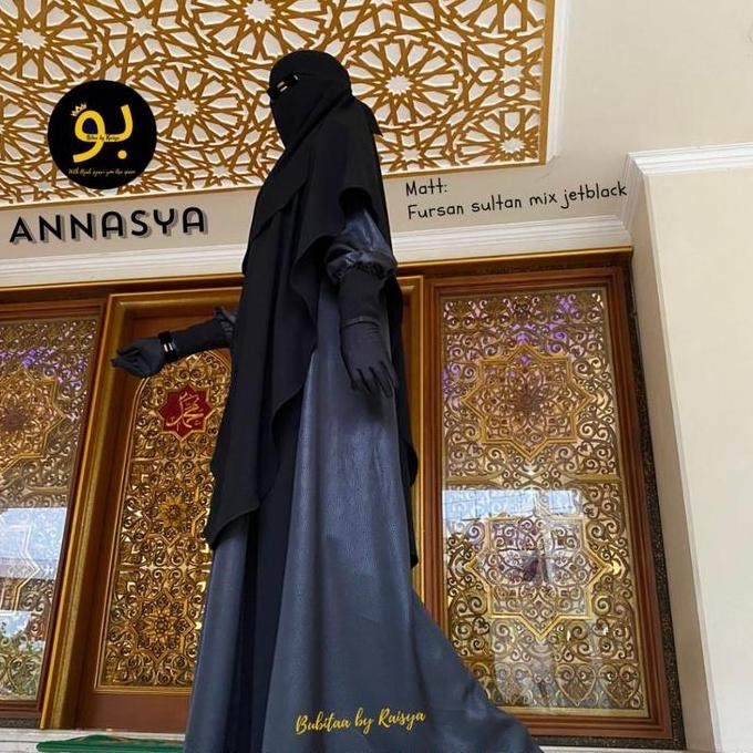 Bubitaa-Set Abaya Fursan Sultan Mix Jetblack Manset Ziper Plus Cadar Bandana Mewah Syari Promo