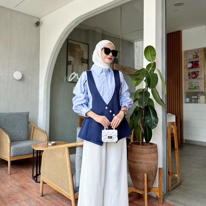 Promo Kemeja Rompi Rebecca Wanita Busui Muslim Kekinian Navy Cloth Katun Mewah Fashion Hijab