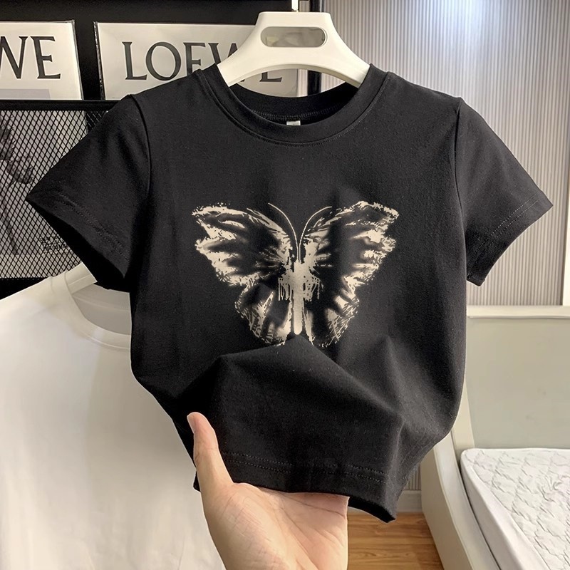 PALING LARIS Misco T-shirt Crop Top Lengan Pendek Kaos Wanita Crop Top cetakan kupu-kupu Kaus Crop