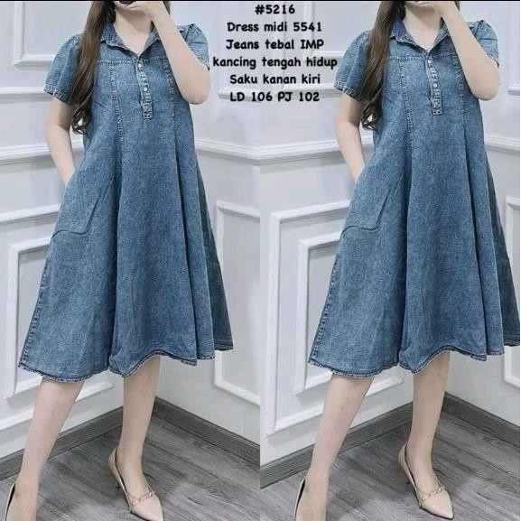 Hijabkiara - Zizah Midi / Midi Jeans Murah / Midi Dress Jeans Muslim Wanita Biru Hitam