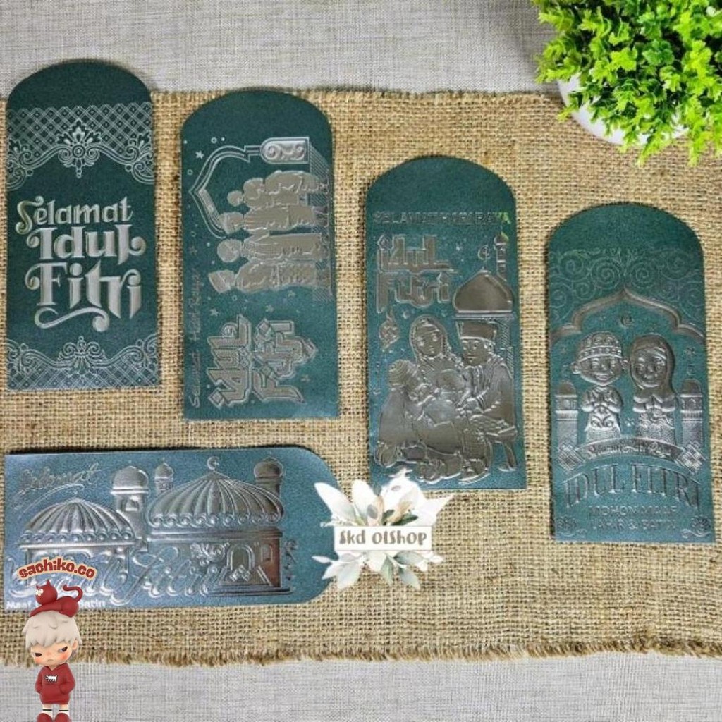 

50 Lembar Amplop Lebaran Idul Fitri Premium Poly Embos Silver Ukuran Panjang Murah