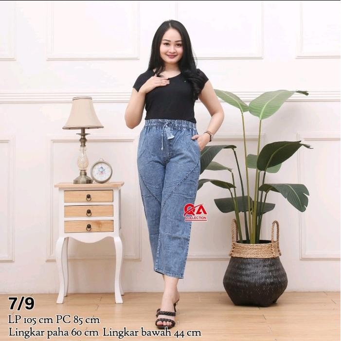 Celana Jeans 7/9 Haruka Wanita Tebal Panjang Nyaman Gaun Tidur Katun Hitam Pendek Asli 100%