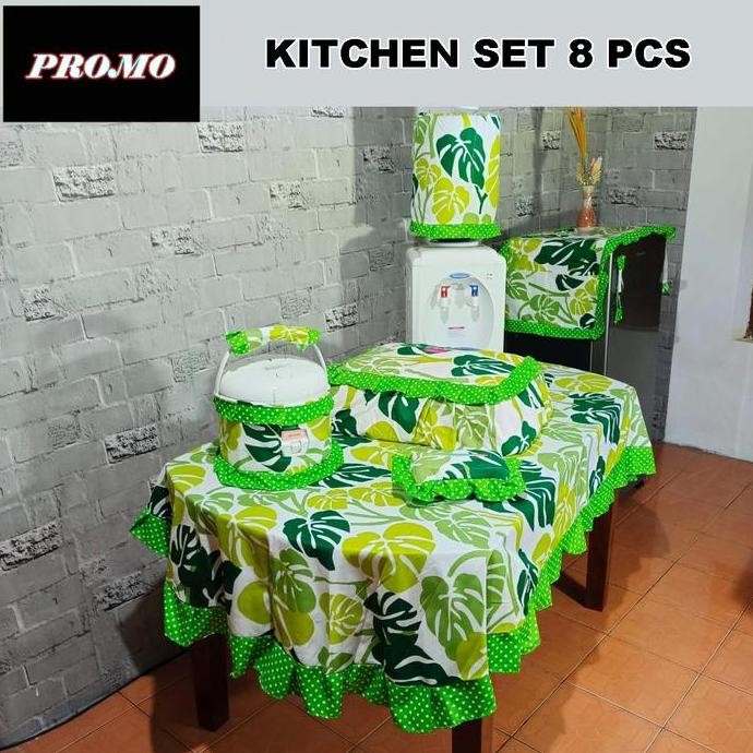 (COD) Paket Kitchen Satu 1 Set 8 Pcs Taplak Alas Meja Makan Oval Prasmanan 4 - 6 Kursi Sarung Cover 