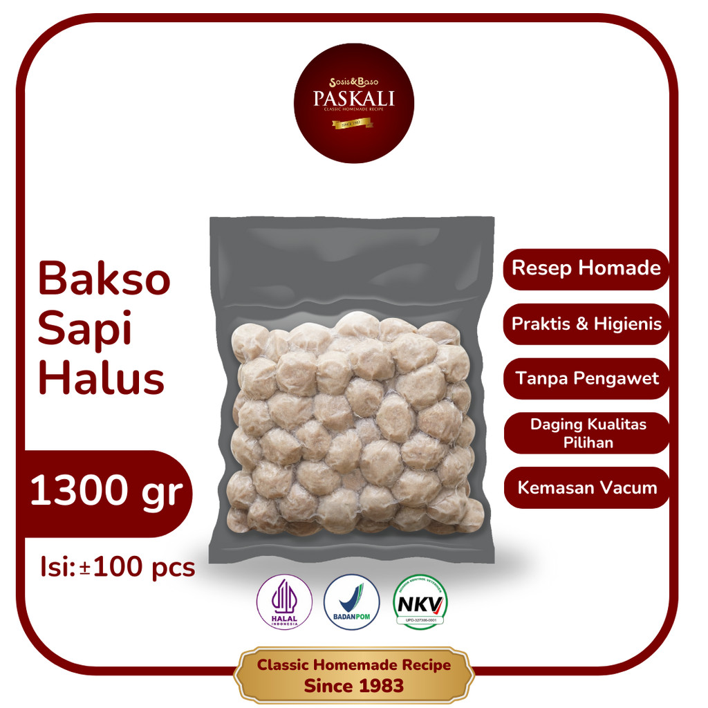 

Bakso Sapi Halus Paskali 1300 Gram Isi 100 Pcs