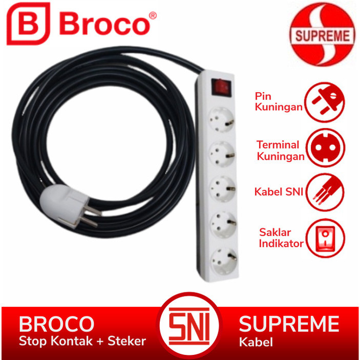 BROCO Stop Kontak 3 - 4 - 5 - 6 Lubang Extension Kabel Hitam SUPREME 1 - 10 Meter Saklar Lampu