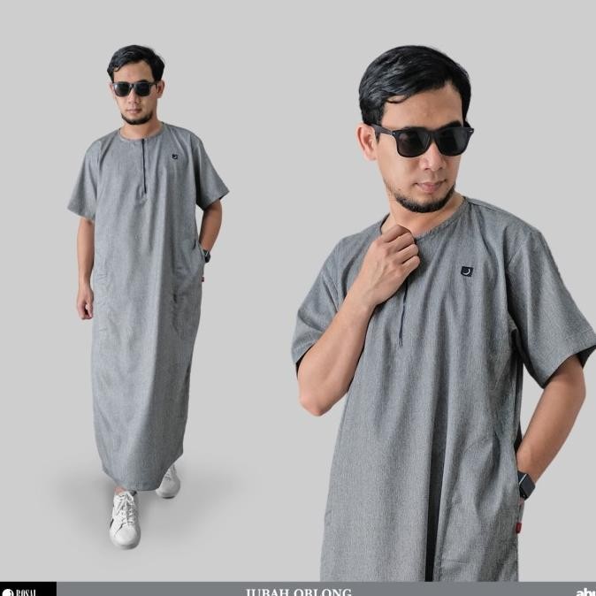 Jubah Oblong ROSAL Abu Tua Baju gamis pria al haramain lengan pendek tanpa kerah bahan Madinah Terla