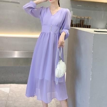 Midi Dress Classic Flowy Vintage Lilac Purple Korean Style Elegant SSB KAL