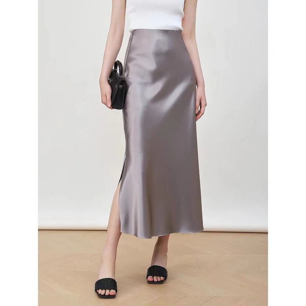 

Acetate Elastic Waist Slit Bias Cut Long Half Skirt Elegant Pencil Skirt