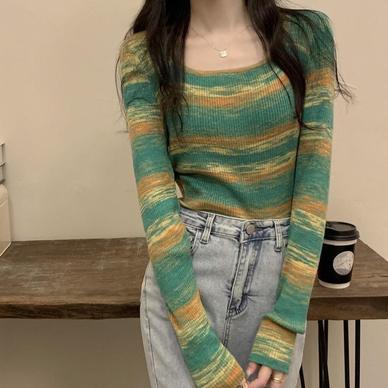 Rajut - Korea Sweater Rajut Stripe Sweater Lengan Panjang Wanita Top
