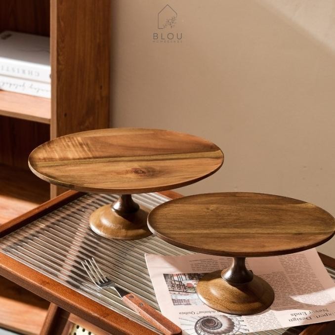 Blou Wadah Kayu dengan Tutup Kaca Acacia Wood Cake Plate Lead-free Glass Cover Dust-proof Bread Dess