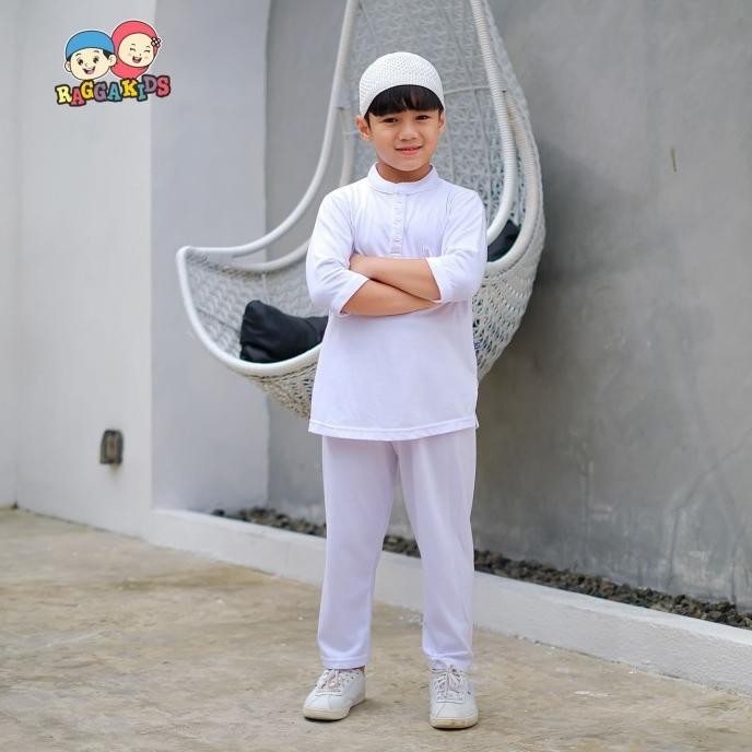 New Kaos Kurta Putih Anak Laki-Laki Raggakids Set Baju Muslim Koko 2-10Th Stok Terbatas
