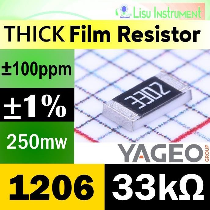 (25) 33k 1206 1% 250mW Thick Film Resistor SMD 200V 100ppm/C 33k 3302 RC1206FR-0733KL YAGEO lisu992 