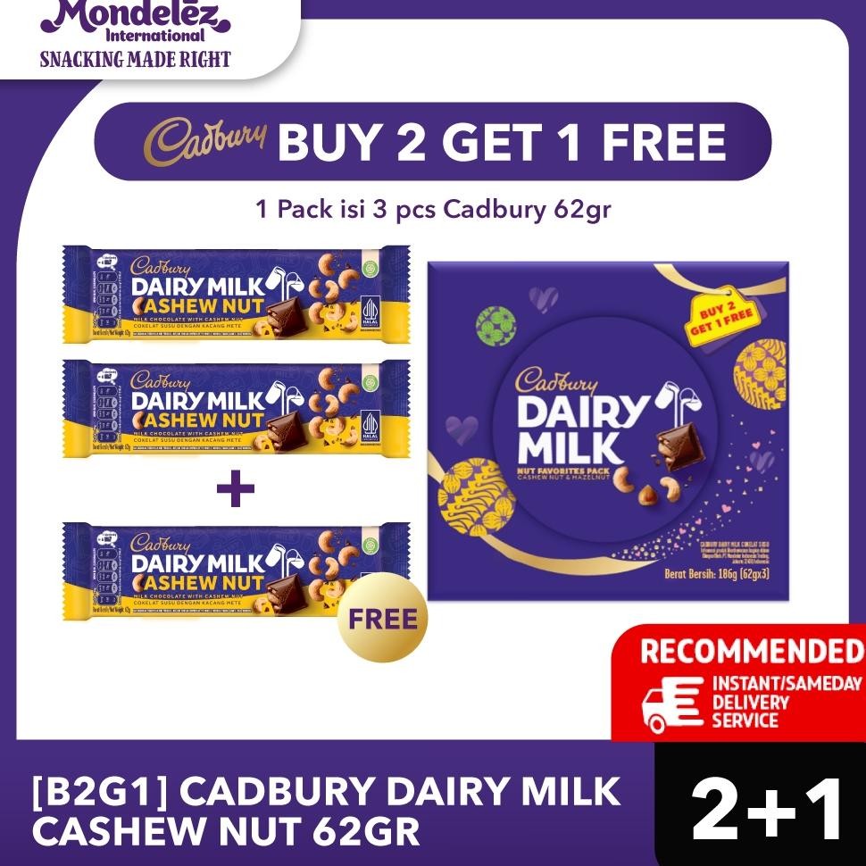 

sd-5 [Buy 2 Get 1] Cadbury Dairy Milk Cashew Nut 62gr - Cokelat Susu dengan Kacang Mede Renyah Coklat Camilan Creamy, Lezat, dan Berkualitas Terlaris