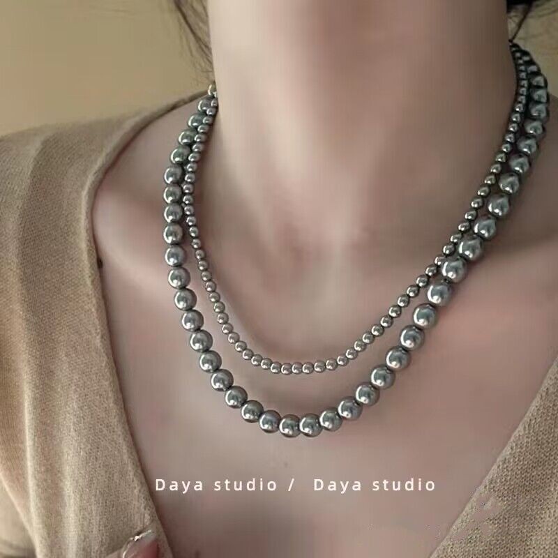 Glass Ashes Luxury French Style High-end Louvre Gray Pearl Necklace Little Chanel