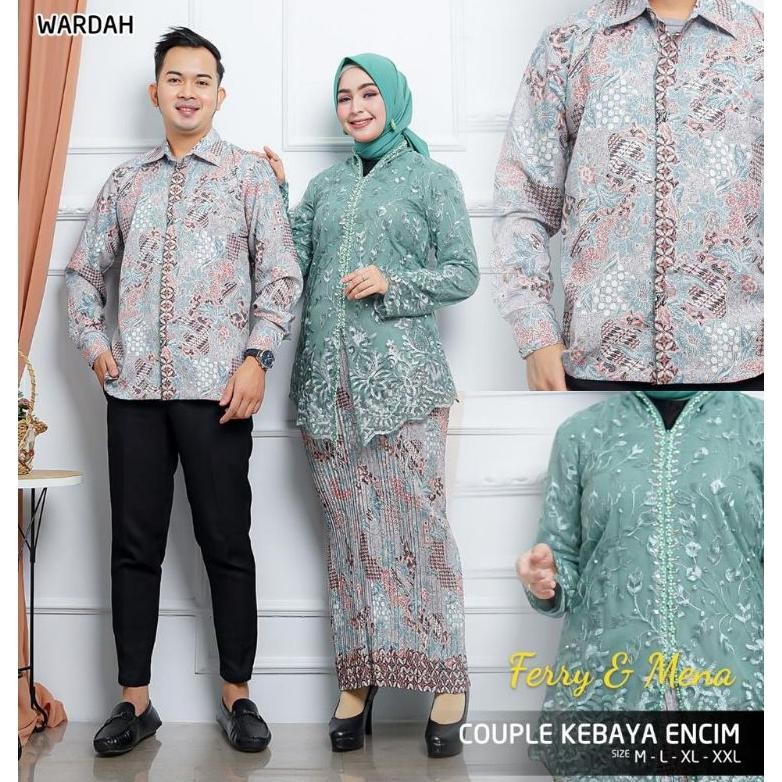 Couple Kebaya Encim Tille Rok Plisket Batik Panjang + Kemeja Pria Lengan Panjang Banyak Motif / Baju