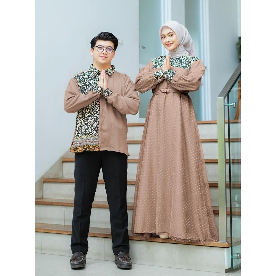 Baju Couple Pasangan Lebaran Busui Motif Batik Keluarga Dan Kemeja Pria Lengan Panjang Faizal Gamis 
