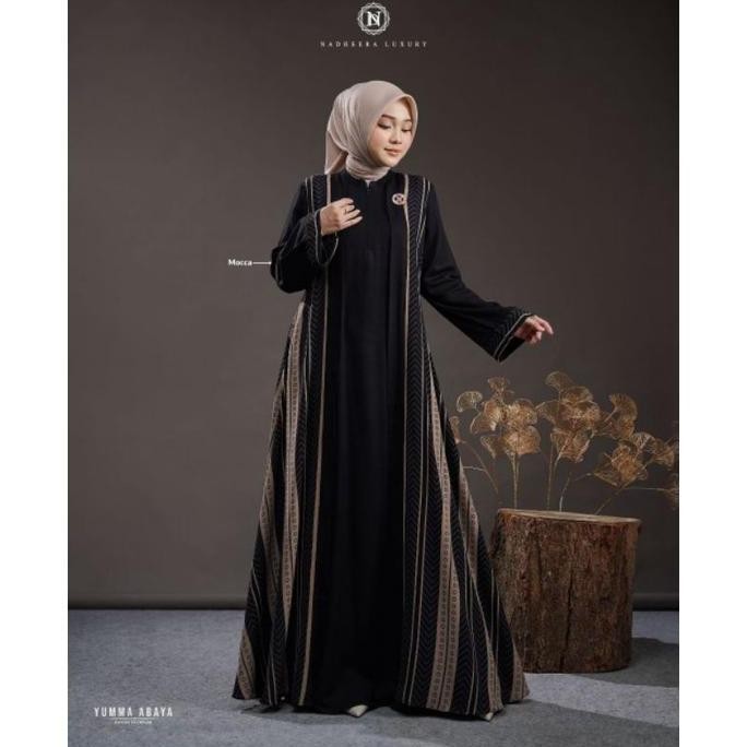 BEST SELLER [BISA COD] YUMMA ABAYA NADHEERA LUXURY YUMA YUMNA ABAYA GARIS VERTIKAL GAMIS HITAM OUTER