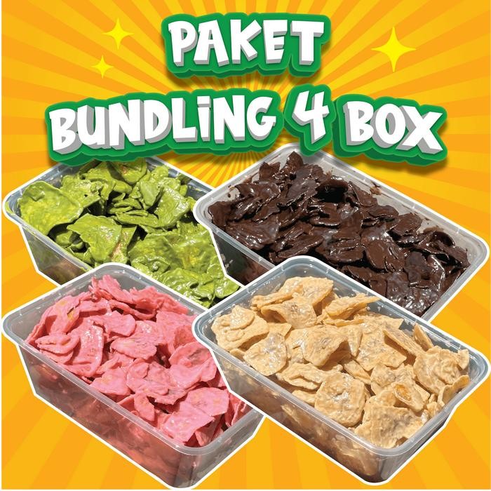 

BARANG TERLARIS PAKET BUNDLING 4 BOX 1 KG KERIPIK PISANG RASA COKELAT + TIRAMISU + MATCHA +