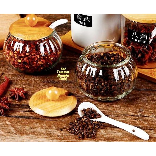 Diskon Bulat Labu Tempat Bumbu Unik Toples Kaca Wadah Kayu Isi 3 Tempat Bumbu + 1 Wadah Kayu Set Tem