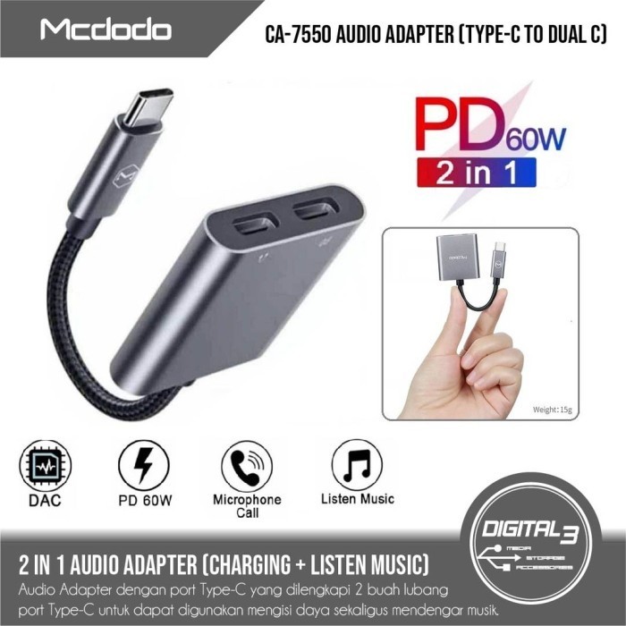 Mcdodo Ca-7550 Splitter Type C To Dual Usb-C Pd 60W Charger + Audio Ne