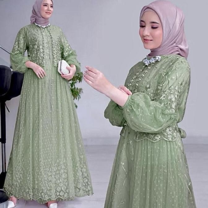 BEST SELLER GAMIS FELIKA PESTA DRESS BRUKAT TILE DOT LD 90 100 110 120 130 JUMBO BIRU DENIM PS