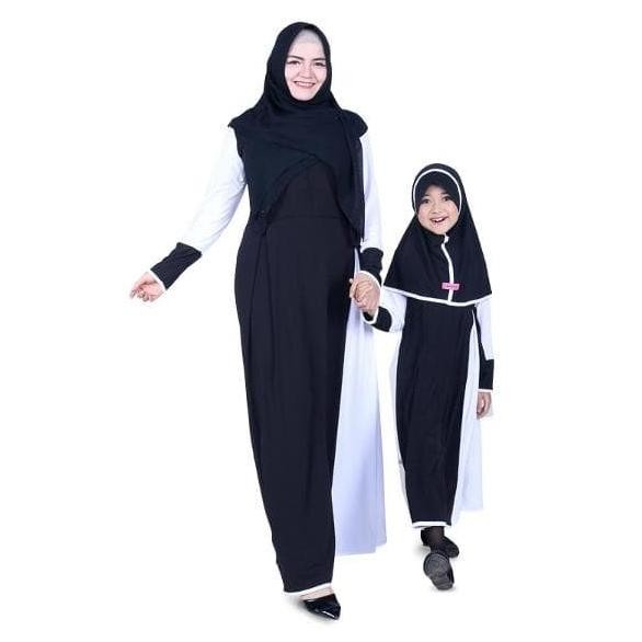 Best Seller Baju Muslim Couple Gamis Ibu Dan Anak Jersey - Hitam Putih Pengiriman Cepat